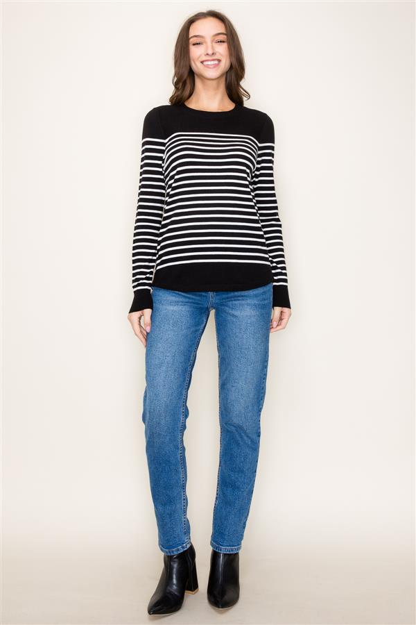 Crew Neck Long Sleeve Stripe Color Block Sweater, Black  | Staccato