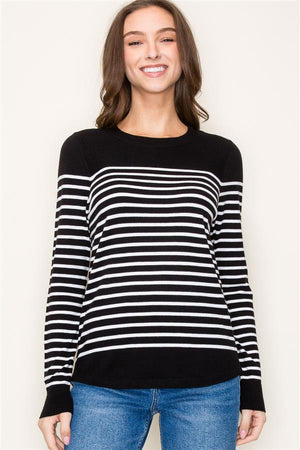 Crew Neck Long Sleeve Stripe Color Block Sweater, Black  | Staccato