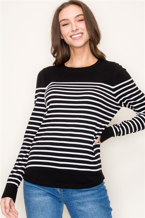 Crew Neck Long Sleeve Stripe Color Block Sweater, Black  | Staccato