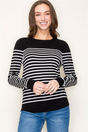 Crew Neck Long Sleeve Stripe Color Block Sweater, Black  | Staccato