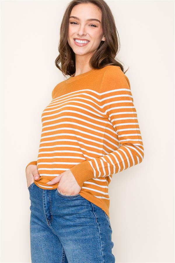 Crew Neck Long Sleeve Stripe Color Block Sweater, Marigold | Staccato