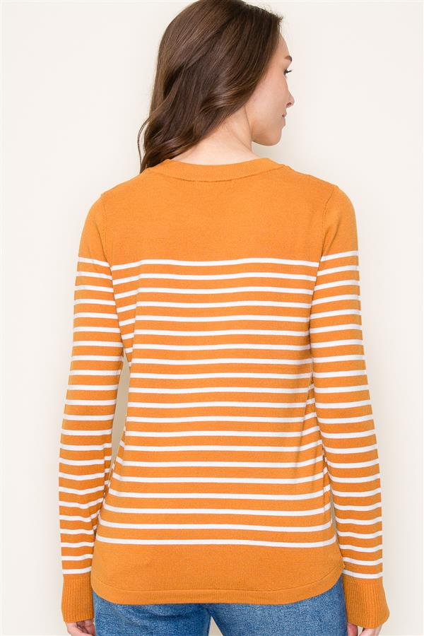 Crew Neck Long Sleeve Stripe Color Block Sweater, Marigold | Staccato