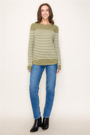 Crew Neck Long Sleeve Stripe Color Block Sweater, Sage | Staccato