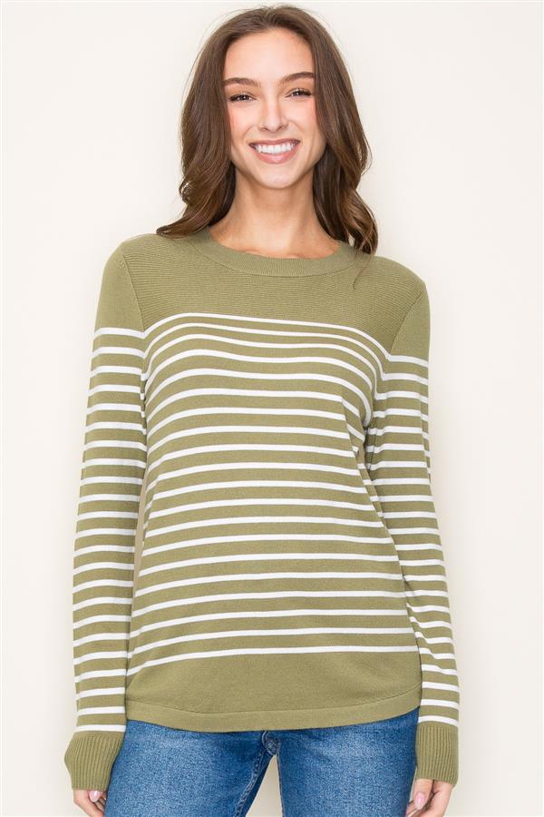 Crew Neck Long Sleeve Stripe Color Block Sweater, Sage | Staccato