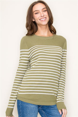 Crew Neck Long Sleeve Stripe Color Block Sweater, Sage | Staccato