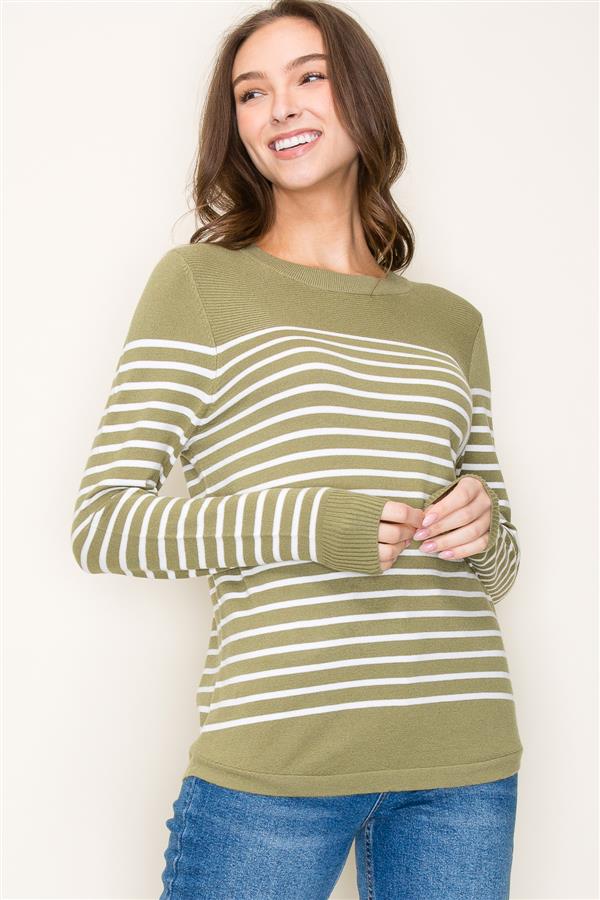 Crew Neck Long Sleeve Stripe Color Block Sweater, Sage | Staccato