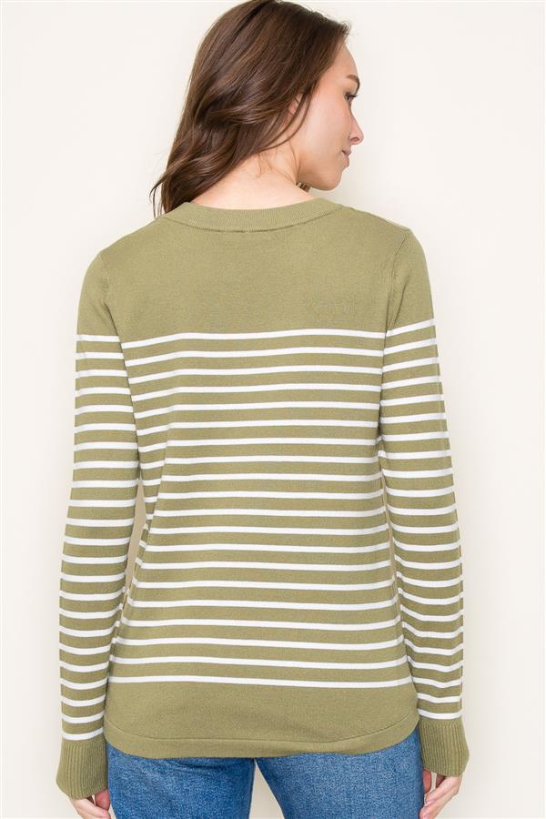 Crew Neck Long Sleeve Stripe Color Block Sweater, Sage | Staccato