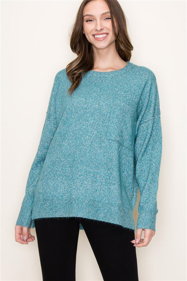 Crew Neck Sweater w/ Front Pocket, Jade | Staccato