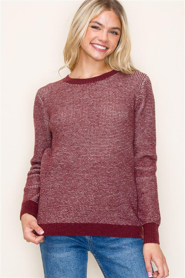 Crew Neck Waffle Sweater, Wine | Staccato