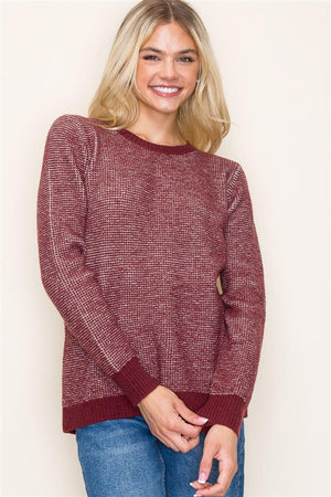 Crew Neck Waffle Sweater, Wine | Staccato