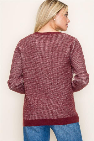 Crew Neck Waffle Sweater, Wine | Staccato