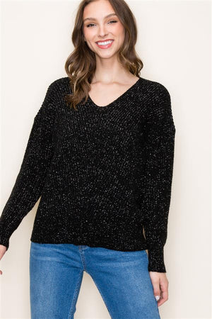 V Neck Lurex Sweater, Black | Staccato-SALE