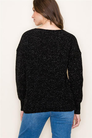 V Neck Lurex Sweater, Black | Staccato