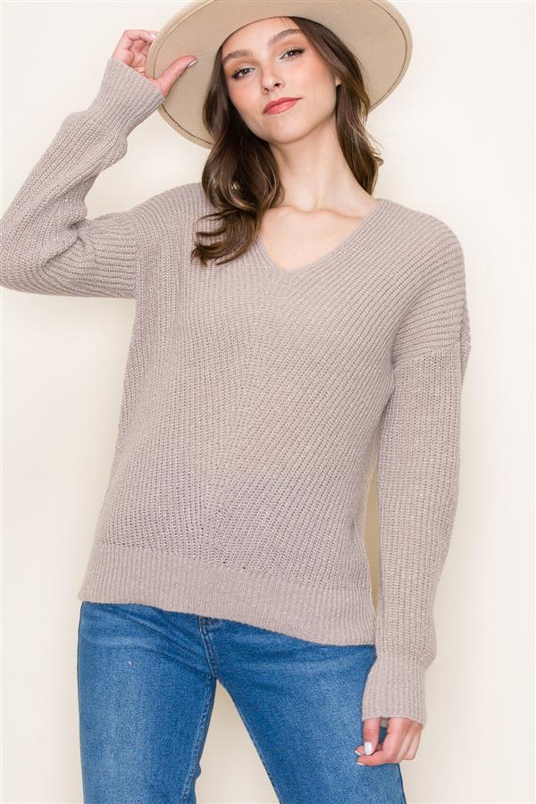 V Neck Lurex Sweater, Taupe | Staccato
