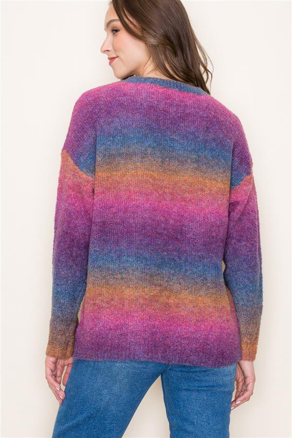 Crew Neck Ombre Yarn Sweater, Blue, Purple, Grey | Staccato