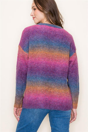 Crew Neck Ombre Yarn Sweater, Blue, Purple, Grey | Staccato