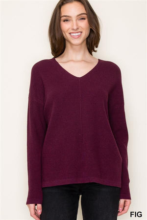 Mini Waffle V Neck Center Seam Sweater, Fig | Staccato