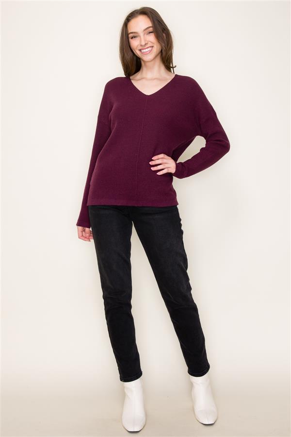 Mini Waffle V Neck Center Seam Sweater, Fig | Staccato