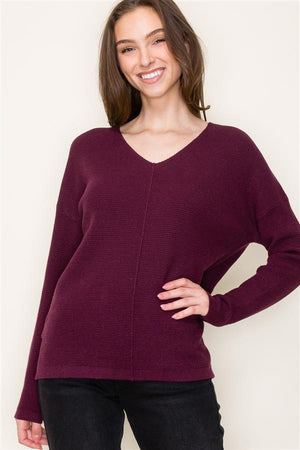 Mini Waffle V Neck Center Seam Sweater, Fig | Staccato