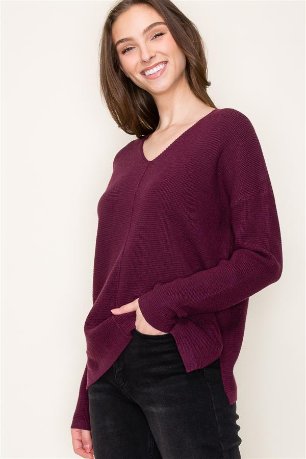 Mini Waffle V Neck Center Seam Sweater, Fig | Staccato