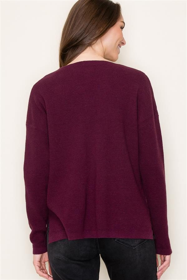 Mini Waffle V Neck Center Seam Sweater, Fig | Staccato