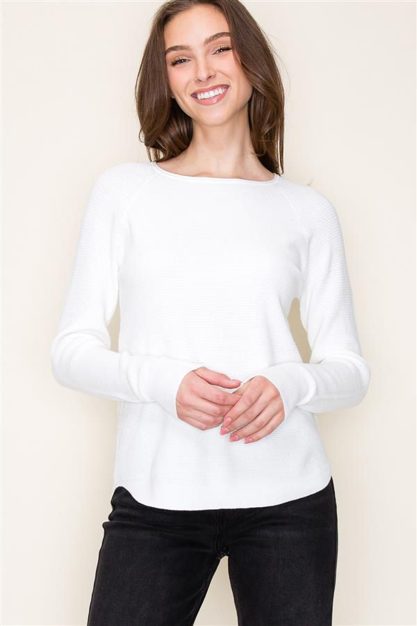 Mini Waffle Crew Neck Sweater, White | Staccato