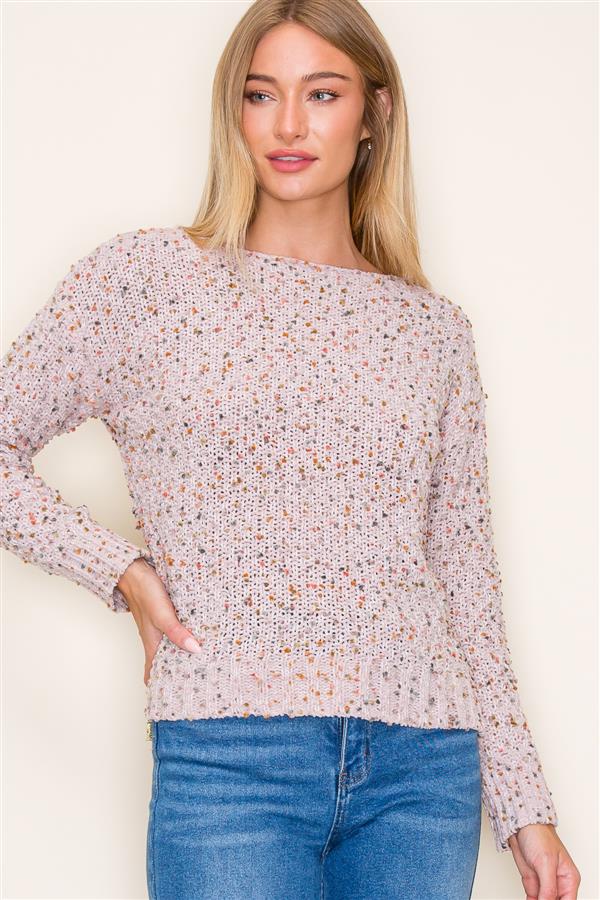 Popcorn Yarn Boat Neck Sweater, Mauve | Staccato