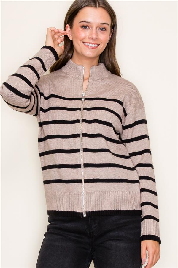 Mock Neck Striped Front Zip Sweater, Stone & Black | Staccato - SALE