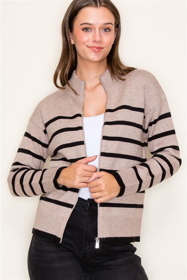 Mock Neck Striped Front Zip Sweater, Stone & Black  | Staccato