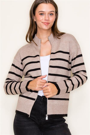 Mock Neck Striped Front Zip Sweater, Stone & Black | Staccato - SALE