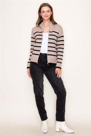 Mock Neck Striped Front Zip Sweater, Stone & Black | Staccato - SALE