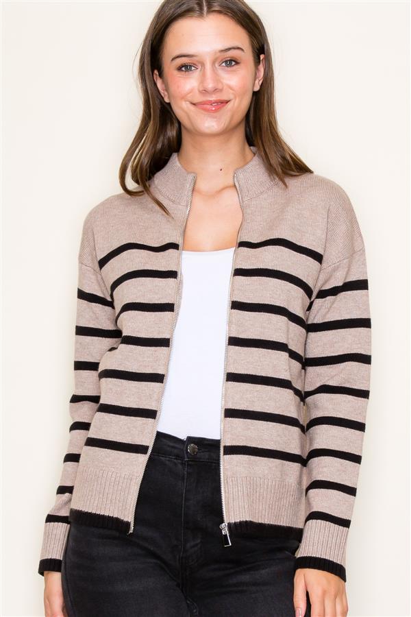 Mock Neck Striped Front Zip Sweater, Stone & Black | Staccato - SALE