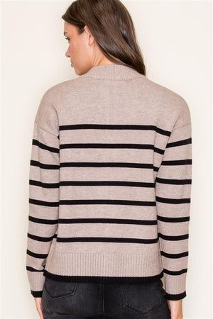 Mock Neck Striped Front Zip Sweater, Stone & Black | Staccato - SALE