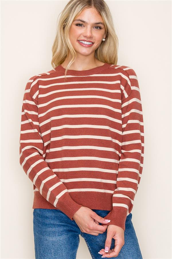 Crew Neck Striped Raglan Sleeve Sweater, Picante | Staccato