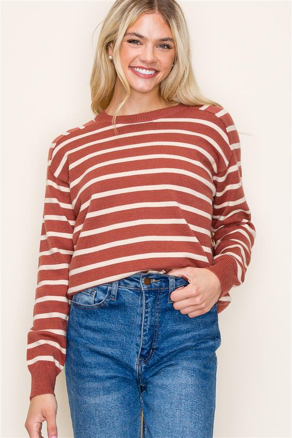 Crew Neck Striped Raglan Sleeve Sweater, Picante | Staccato