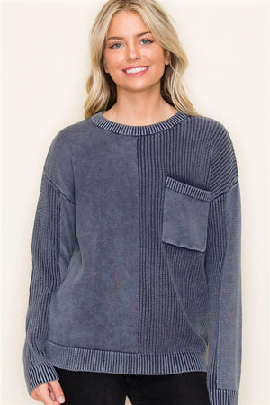 Chest Pocket Washed Yarn Sweater, Navy | Staccato