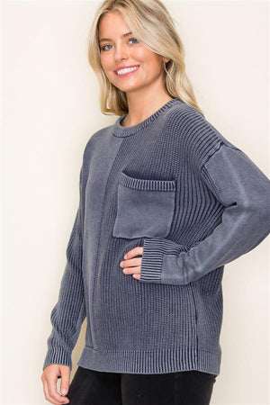 Chest Pocket Washed Yarn Sweater, Navy | Staccato