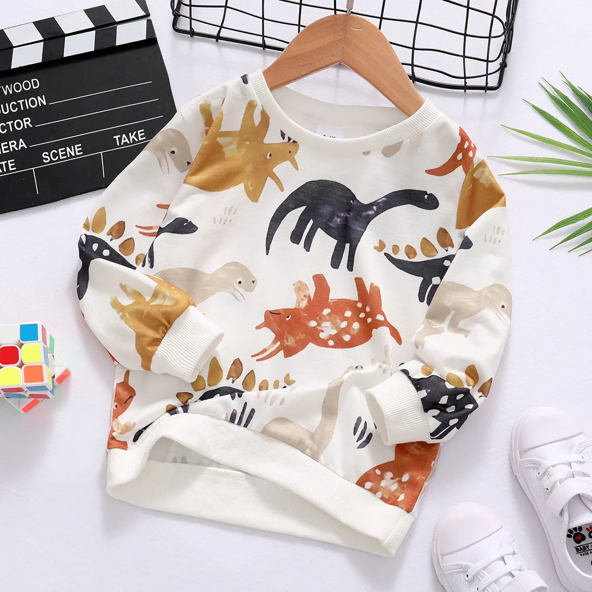 Colorful Dinosaur Print Sweatshirt, Cream | PatPat