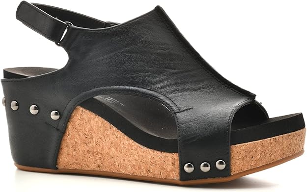 Carley Wedge Sandal, Black Smooth | Corkys