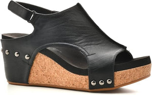 Carley Wedge Sandal, Black Smooth | Corkys