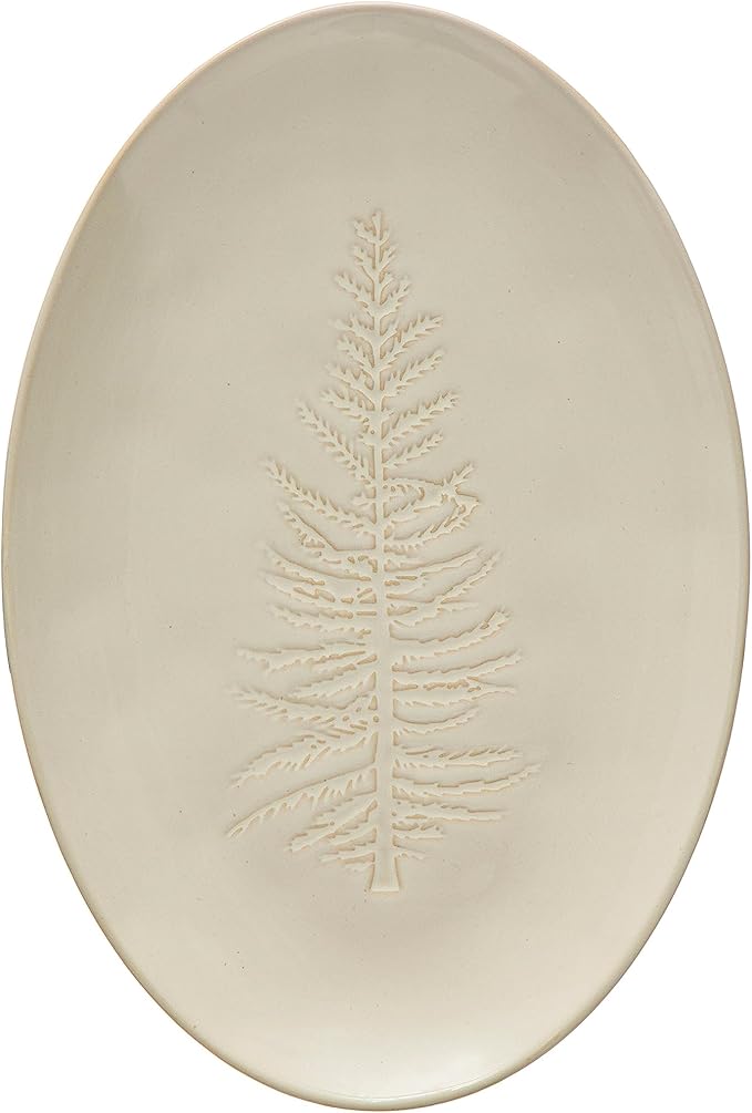 Oval Stoneware Platter w/ Tree Design, White | Holiday & Christmas Entertaining Serving Tray