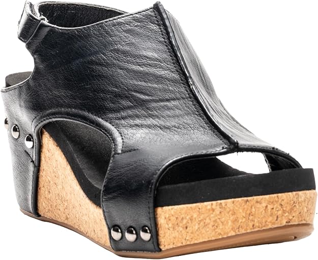 Carley Wedge Sandal, Black Smooth | Corkys