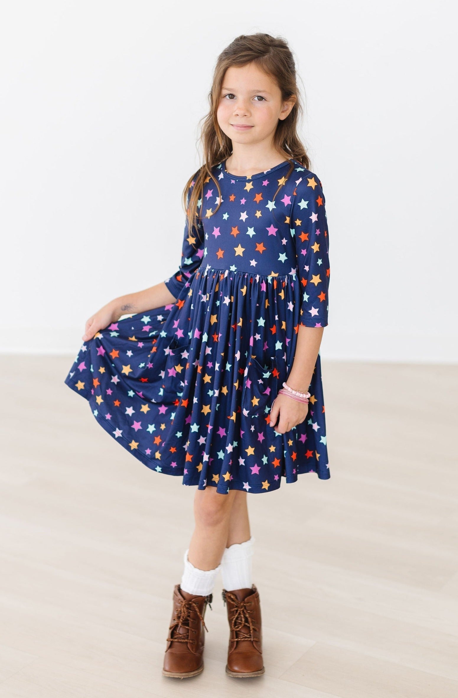 Colorful Stars Twirl Dress, 3/4 Sleeve | Mila & Rose