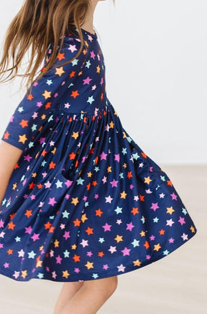 Colorful Stars Twirl Dress, 3/4 Sleeve | Mila & Rose