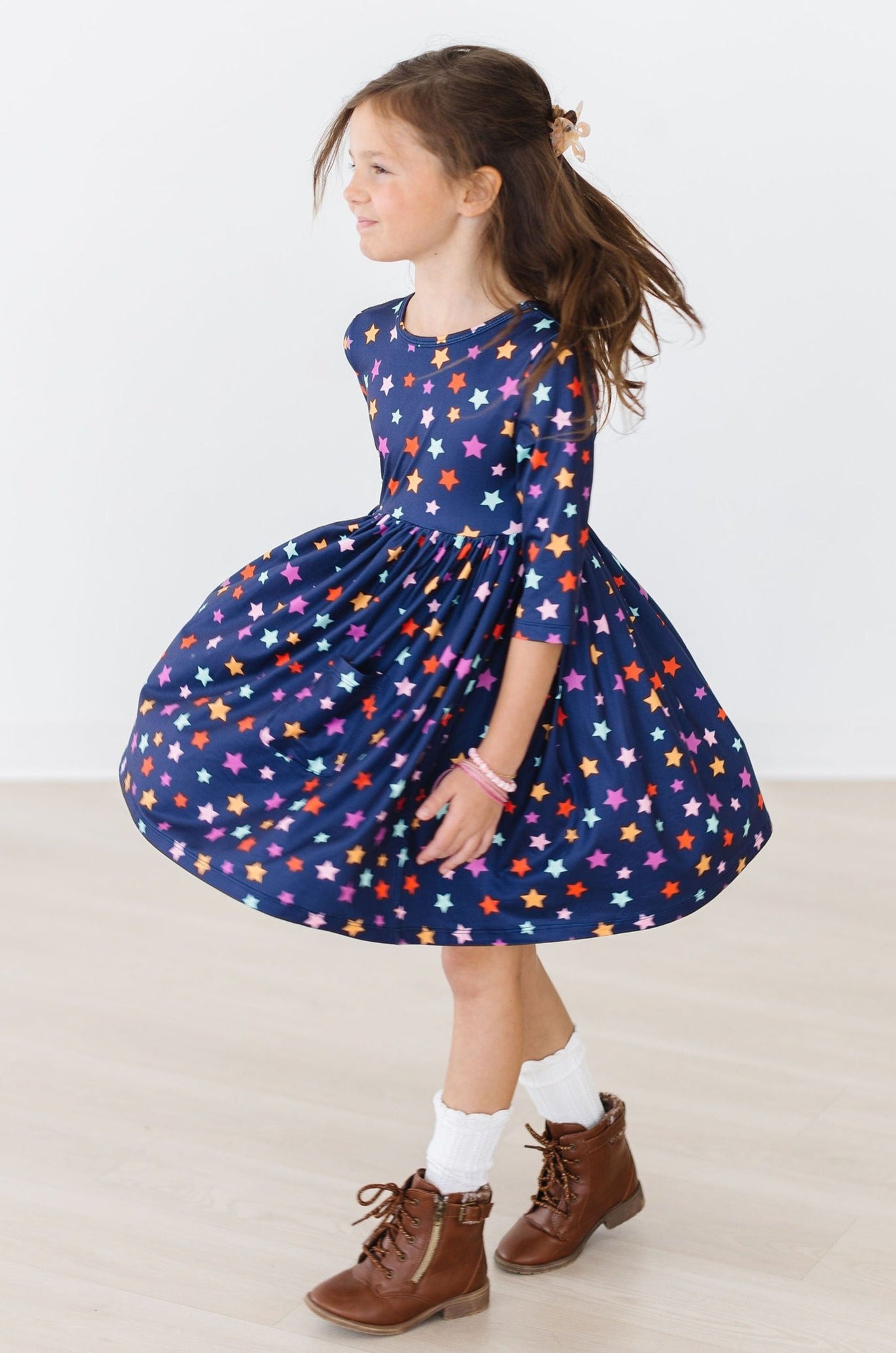 Colorful Stars Twirl Dress, 3/4 Sleeve | Mila & Rose