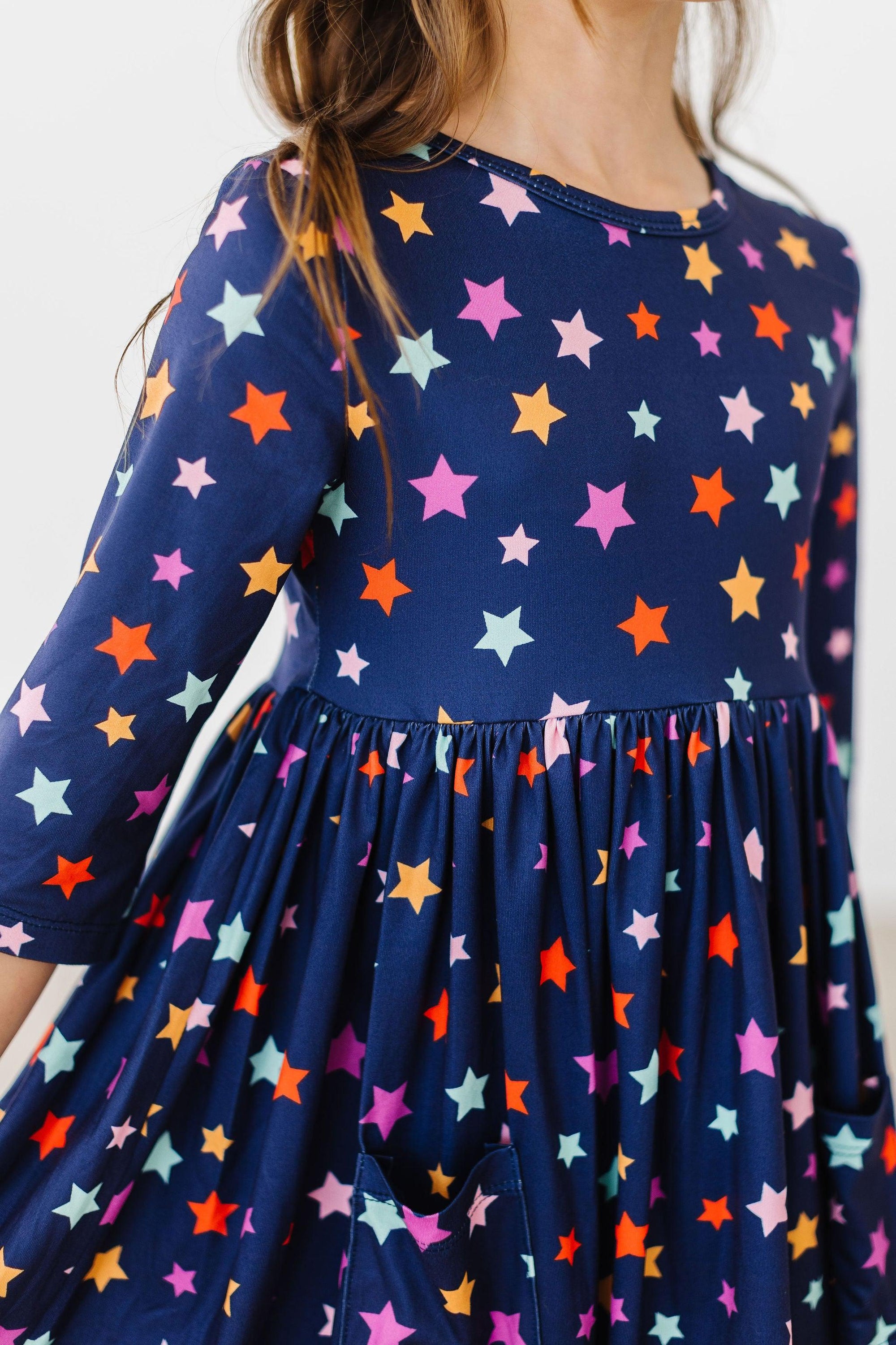 Colorful Stars Twirl Dress, 3/4 Sleeve | Mila & Rose