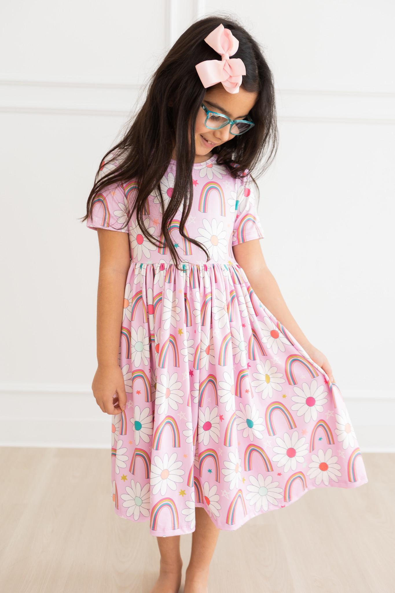 Rainbow Daisies Twirl Dress, Short Sleeve | Mila & Rose