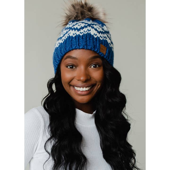 Blue & White Patterned Pom Hat | Panache Apparel Co.