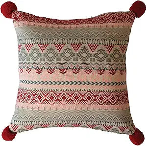 Pink, Red & Green Diamond Pattern Pillow w/ Pink Cotton Velvet Back Red Pom Poms | Home Decor