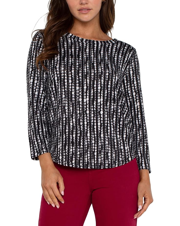 3/4 Sleeve Brushed Knit Top, Black & White Dot Striped Print | Liverpool